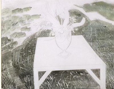 Jarrón de flores en un jardín de Eric Ravilious