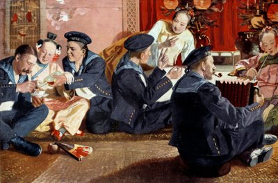 Marineros en una casa china basado en la pintura de Erich Eltze (1865-). Grabado del siglo XIX. París, Artes Decorativas de Erich Eltze