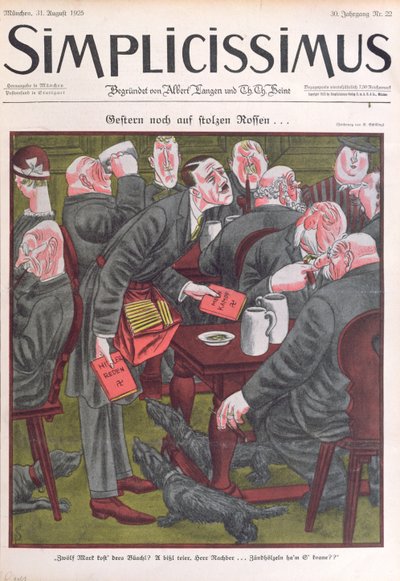 Adolf Hitler (1889-1945) vendiendo ejemplares de "Mein Kampf" en las cervecerías de Múnich, portada de "Simplicissimus", 25 de agosto de 1925 (litografía en color). de Erich Schilling