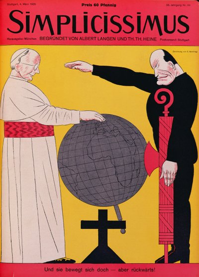 El Papa Pío XI (1857-1939) y Mussolini (1883-1945) en el momento del Tratado de Letrán de 1929, ilustración de portada de la revista "Simplicissimus", 4 de marzo de 1929 (litografía en color) de Erich Schilling