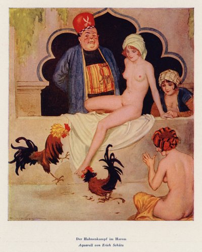 La pelea de gallos en el harén (acuarela) de Erich Schutz