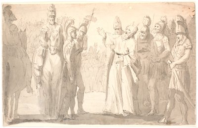 Escena figurativa con un hombre santo con cuernos entre soldados romanos de Erik Pauelsen