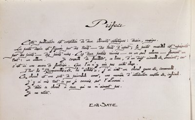 Página de prefacio manuscrito de partitura con dibujos de Erik Satie