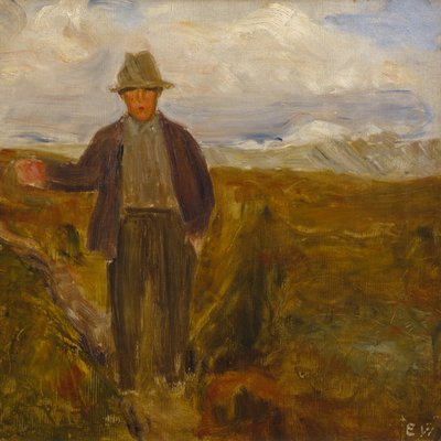 Hombre con la montaña Smiubelgen y Rondane en la espalda de Erik Theodor Werenskiold