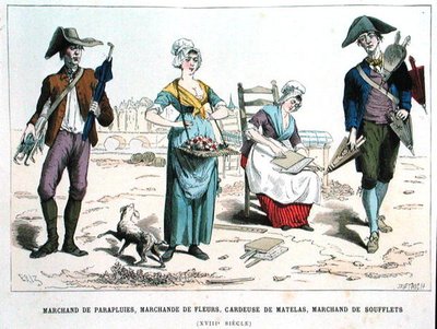 Vendedor de paraguas, vendedor de flores, cardador de lana de colchón y vendedor de fuelles en el siglo XVIII, de 