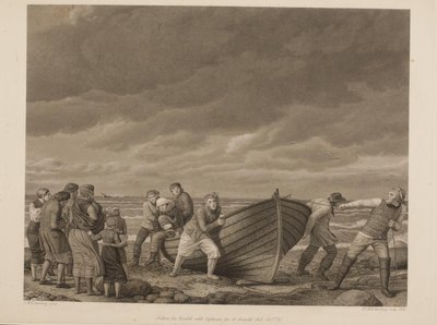 Pescadores de Hornbek rescatando al Capitán de un barco encallado (A.1775) de Erling Eckersberg