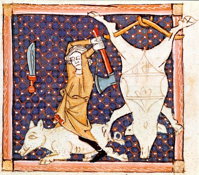 Diciembre: matanza de cerdos. Miniatura tomada del “Breviario de amor” (Breviari d