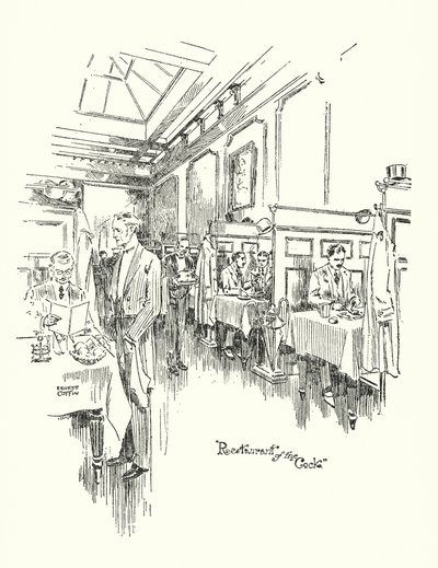 El viejo Londres: Restaurante de la Cock Tavern (litografía) de Ernest (after) Coffin