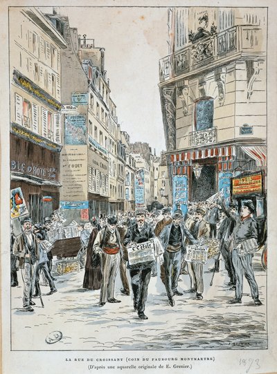 Vendedor de periódicos en la rue du Croissant en la esquina de la rue du Faubourg Montmartre en París de Ernest (after) Grenier