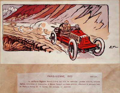 Marcel Renault (1872-1903) en su Renault Freres compitiendo en el rally París-Viena en 1902, c.1910 de Ernest (after) Montaut