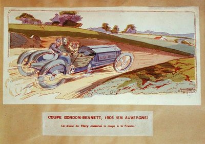 El coche Richard-Brasier conducido por Leon Thery durante la carrera Gordon-Bennett en Auvernia en 1905, c.1910 (litografía en color) de Ernest (after) Montaut