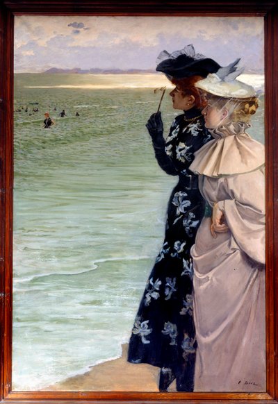 Bella época: Hora del baño en el mar. Dos mujeres en la orilla examinando a los bañistas con binoculares. Pintura de Ernest Ange Duez de Ernest Ange Duez
