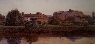 Una casa y edificios de granja junto a un río de Ernest Arthur Rowe