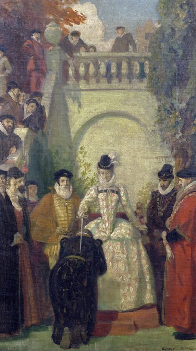 La Reina Isabel I nombrando caballero a Sir John Young en los escalones de su propiedad, The Great House, Bristol, 1910-20 de Ernest Board