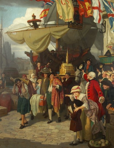 La descarga de dos barcos del tesoro español capturados en Bristol en septiembre de 1745 de Ernest Board