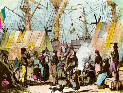 Familias de emigrantes acampadas en el puerto de Le Havre. Grabado por Ernest Charton (1813-1905) Grabado del siglo XIX Colección privada de Ernest Charton