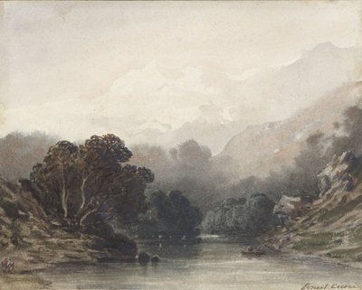 Lago de montaña sombreado por un follaje oscuro, detrás de colinas claras y picos nevados de Ernest Cicéri