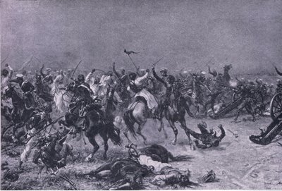 La carga de los Dragones Ligeros del Rey en Mudki, ilustración de British Battles on Land and Sea, 1915 de Ernest Crofts