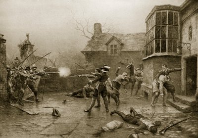 La última resistencia de los Conspiradores de la Pólvora, 1606, ilustración de 