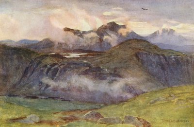 Merrick y Loch Enoch desde la cumbre de Corscrine (litografía en color) de Ernest Edward Briggs