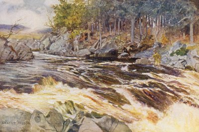 La pesca del salmón en el Ken, un momento crítico (litografía en color) de Ernest Edward Briggs