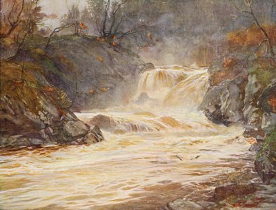 Las cataratas de Lochay en crecida (litografía en color) de Ernest Edward Briggs