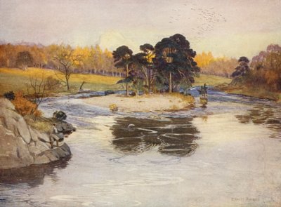 La isla de abetos bajo el Linn (litografía en color) de Ernest Edward Briggs