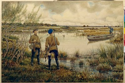 Volviendo de la caza - (cazadores con sus aparejos, de pie en la orilla de un lago, esperando a un compañero en un barco, encargado de recuperar la caza, patos) - Obra de Ernest Ernestovich Lissner (1874-1941), aq de Ernest Ernestovich Lissner