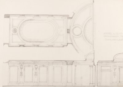Diseños para el interior del Oxford and Poland Street Cinematograph Theatre: Techo del auditorio y pared del fondo, c.1910 (lápiz sobre papel) de Ernest George William Souster