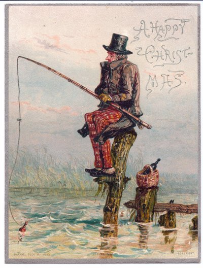 Tarjeta de Navidad victoriana de un hombre victoriano sentado en un tocón de árbol pescando, c.1880 de Ernest Henry Griset