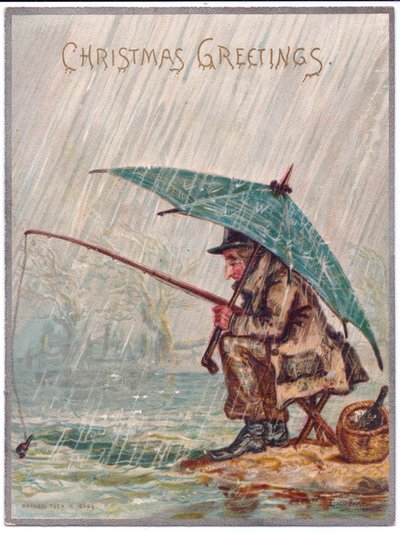 Tarjeta de Navidad victoriana de un pescador solitario en un día lluvioso, c.1880 de Ernest Henry Griset