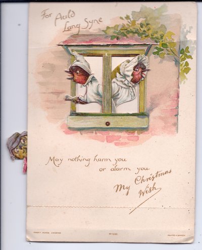 Tarjeta de Navidad victoriana de dos petirrojos en pijamas mirando por la ventana alarmados, c.1880 de Ernest Henry Griset