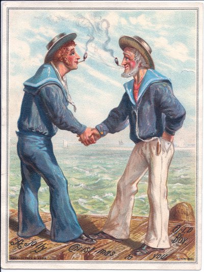 Tarjeta navideña victoriana de dos marineros fumando pipas de arcilla y dándose la mano, c.1880 (litografía en color) de Ernest Henry Griset