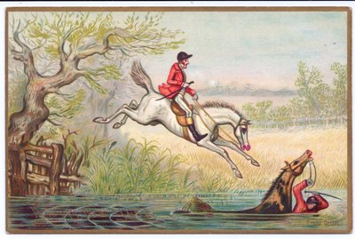 Tarjeta de Año Nuevo victoriana de una cacería de zorros con un cazador y su caballo cayendo en el río, c.1880 de Ernest Henry Griset