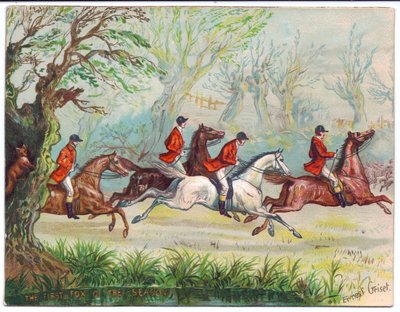 Tarjeta de felicitación victoriana de cazadores de zorros corriendo mientras el zorro se esconde en un árbol, c.1880 de Ernest Henry Griset
