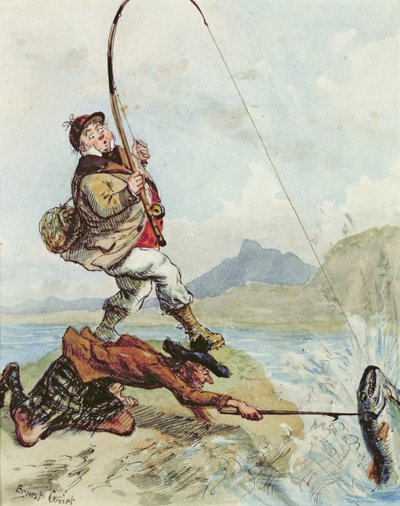 El viaje de vacaciones del Sr. Lovejoy a las Highlands pescando trucha de salmón, de una serie de ocho de Ernest Henry Griset