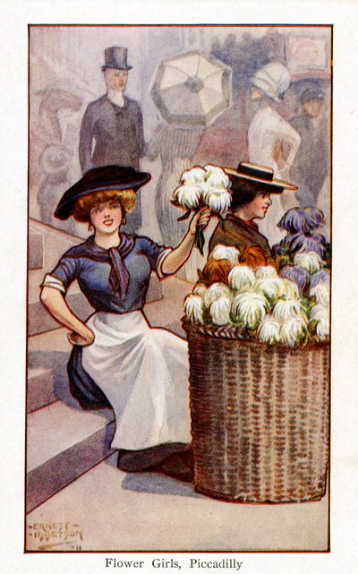 Vendedores de flores trabajando, Piccadilly, Londres de Ernest Ibbetson