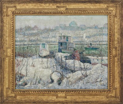 Casa de botes, invierno, río Harlem, c.1916 de Ernest Lawson
