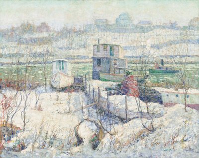 Casa de botes, invierno, río Harlem de Ernest Lawson