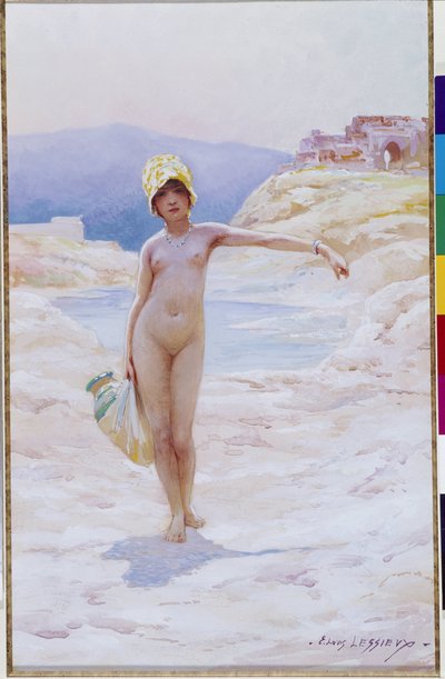 La niña argelina tiene la jarra Una niña desnuda con sombrero que lleva una jarra de agua cerca de una fuente de agua de un oasis en el desierto. Acuarela de Louis Ernest Lessieux (1874-1925) Mención obligatoria: Colección fondation regards de Provence, Ma de Ernest Louis Lessieux