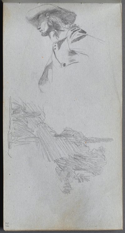 Cuaderno de bocetos, página 27: Estudio de detalle para En una terraza y estudio de paisaje de Jean Louis Ernest Meissonier