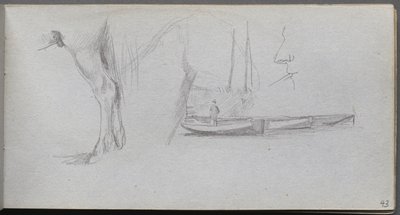 Cuaderno de bocetos, página 43: Estudios: Pierna de caballo, figura en un barco y perfil de Jean Louis Ernest Meissonier