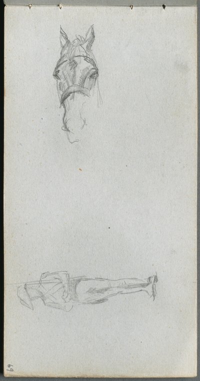 Cuaderno de bocetos, página 69: Estudio de una mano, un caballo y una figura de Ernest Meissonier