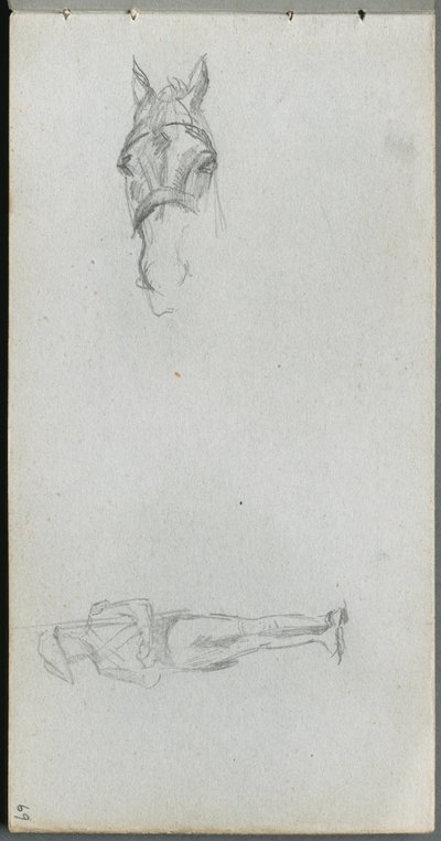 Cuaderno de bocetos, página 69: Estudio de una mano, un caballo y una figura de Jean Louis Ernest Meissonier