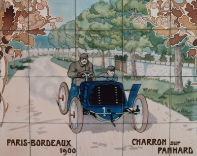 Charron conduciendo un coche Panhard en la carrera de París a Burdeos de 1900: azulejos de cerámica fabricados por Gilardoni Fils et Cie de París, según un dibujo de Ernest Montaut (1878-1909). de Ernest Montaut