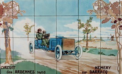 Hemery conduciendo un coche Darracq en el Circuito de las Ardenas de 1905: azulejos de cerámica fabricados por Gilardoni Fils et Cie de París, según un dibujo de Ernest Montaut (1878-1909). de Ernest Montaut