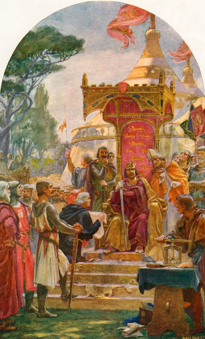 El rey Juan otorgando la Carta Magna en Runnymede, en la orilla del río Támesis cerca de Windsor, Inglaterra, 15 de junio de 1215. De la Historia de Inglaterra de Cassell, publicada c.1901 de Ernest Normand