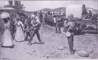 Soldados británicos asistiendo a refugiados bóer (ilustración de After Pretoria: The Guerilla War, 1902) de Ernest Prater