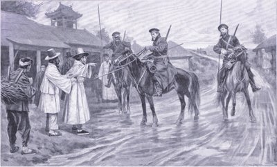 Exploradores cosacos obteniendo información de un cautivo coreano, ilustración de Cassells History of the Russo-Japanese War Vol 1, c.1900 de Ernest Prater