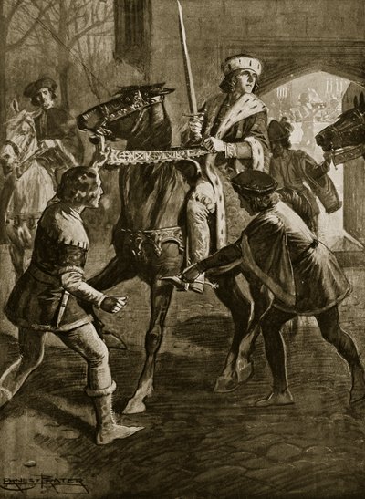 Eduardo IV huye de la mansión del arzobispo en Hertfordshire, 1470, ilustración de 